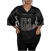 SOLY HUX Women's Plus Size Jersey Shirts Lace Sheer V Neck Half Sleeve Number Graphic Tees Casual T Shirt