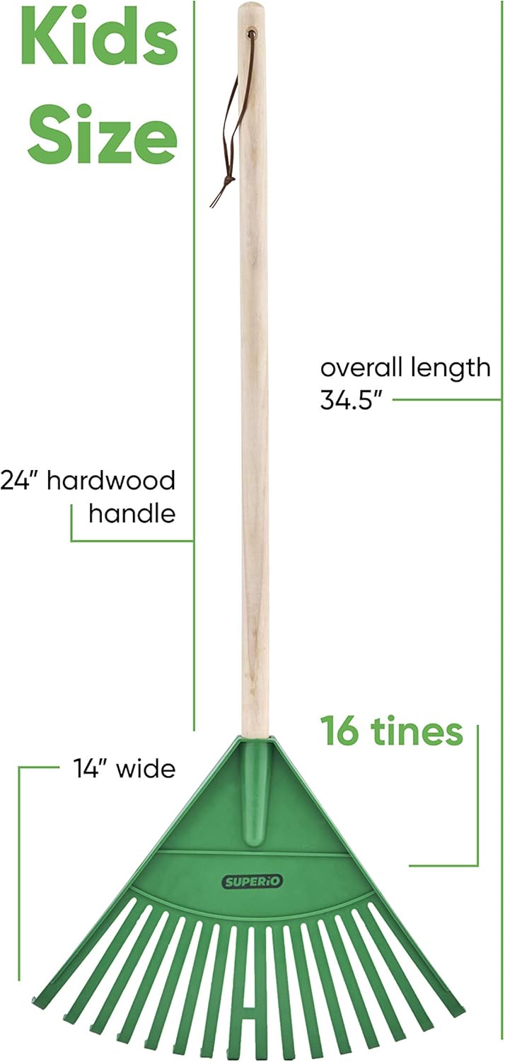 Superio Kids Garden Rake with Hardwood Handle – Durable Plastic Green Head to Sweep Leaves in Lawn and Tidying Up The Garden – 34 “Height : Garden & Outdoor