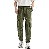 HHZ Men's Relaxed Fit Cargo Pants Drawstring Stretchy Elastic Waist Work Casual Pants with Zipper Pockets