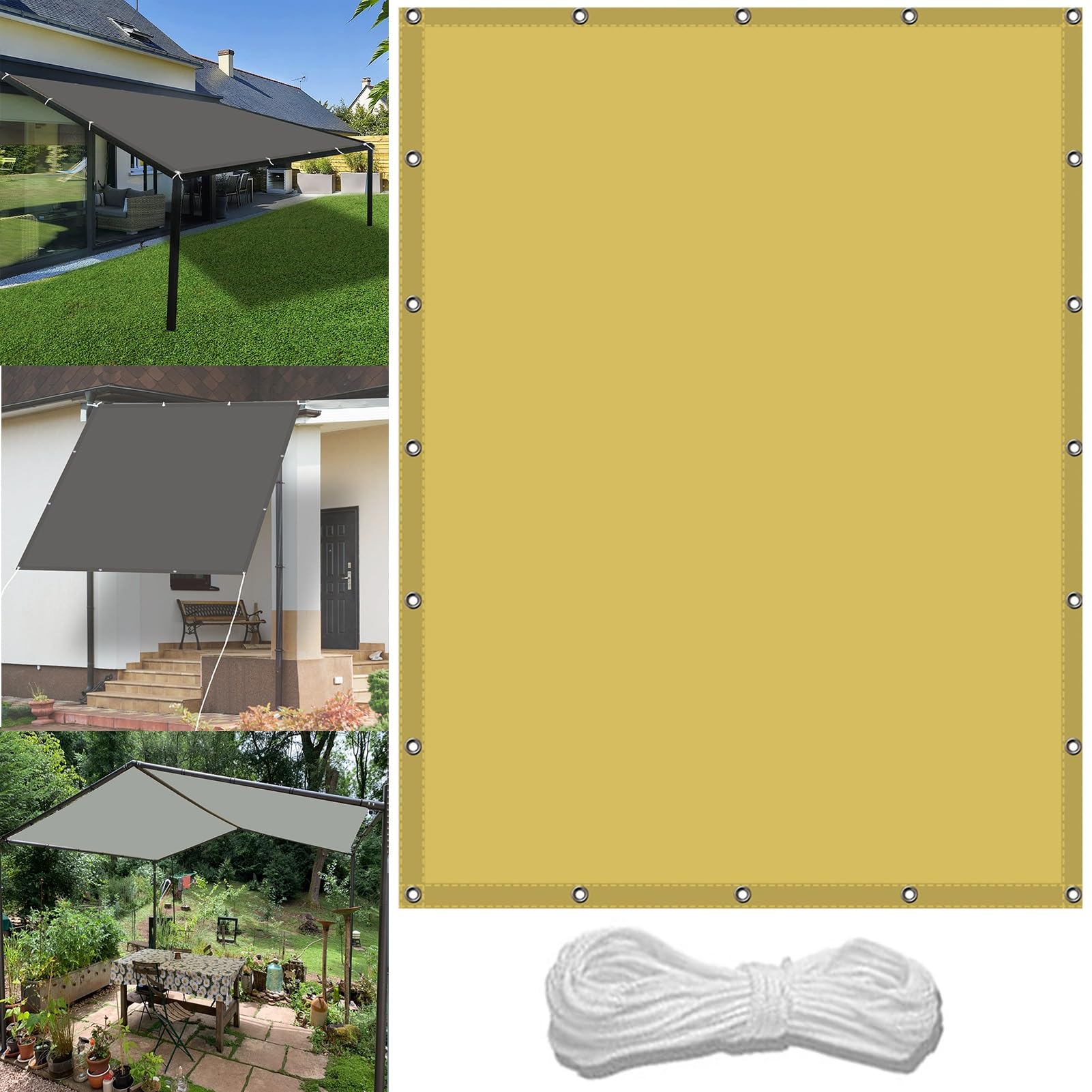 Sunscreen Awning Canopy 1 x 2 m(3.3 x 6.6ft) Waterproof Canopy Outdoor with Free Rope UV Block Weather-Resistant with Grommets Pes Shade Cloth for Pool Terrace Greenhouse, Cream Color