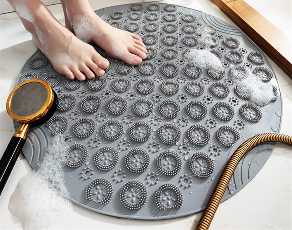 PVC Round Massage Bath Mat Non-Slip Shower Mat Antibacterial Bathroom Mat Machine Washable Bath Mat with Drainage Holes and Suction Cups, 55 x 55 cm, Grey