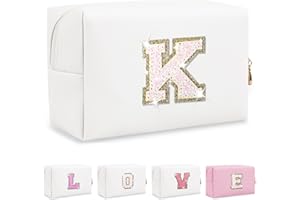 CHAOGREAT Small Initial Patch Makeup Bag Personalized Gifts Make Up Bag,White Cute PU Leather Glitter Letter Cosmetic Bag with Zipper,Trendy Portable Travel Toiletry Pouch,Preppy Stuff for Teen Girls Women K