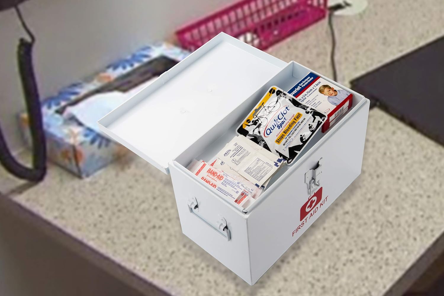 Mind Reader First Aid Storage Box, Galvanized Steel Container with Handles, Buckle Lock, Dividers for Medical Supplies, Bandages, Locking Medicine Tin, White: Health & Personal Care