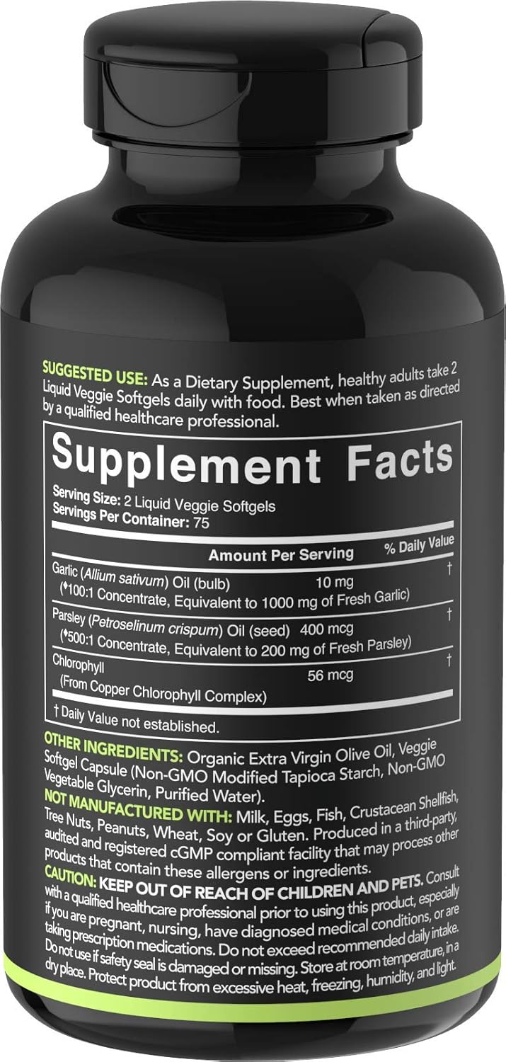 Odorless Garlic Oil Pills (1000mg) with Parsley & Chlorophyll The