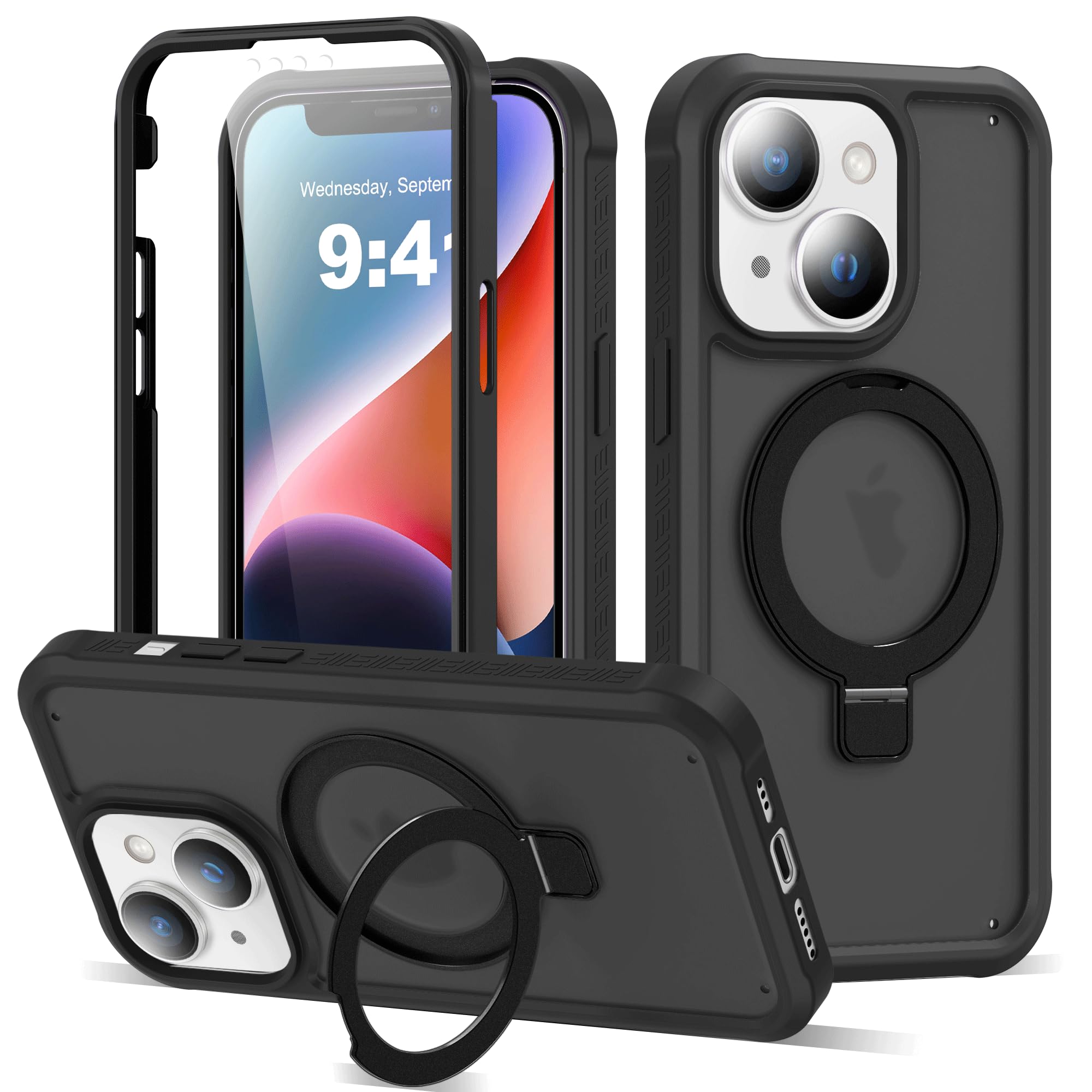 Photo 1 of UTPPVX Compatible with iPhone 14 Plus Case with Magnetic Ring Stand [Compatible with Mag-Safe] [Built-in Screen Protector] Military-Grade Drop Protection Matte Translucent Phone Case, Black