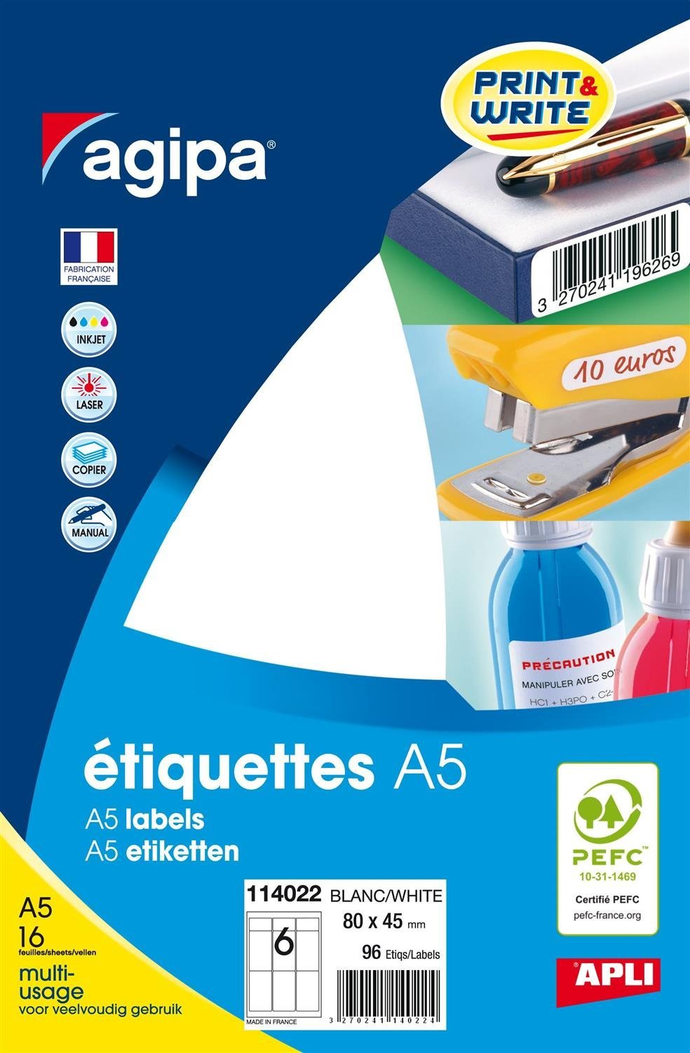 agipa 3270241140149 Universal Labels 80 x 45 MM White 3270241140224