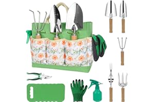 LeMotech Gardening Tools, 10-Piece Heavy Duty Garden Hand Tools Set with Wooden Handle, Durable Fashion Organizer Bag for Garden Supplies, Gardening Gifts for Women Grandmother, Yellow Floral Pattern