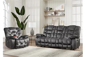 HAOMARKETS 2-Piece Recliner Sofa Couch Set, Include Single Power Electric Recliner Chair with Massage& Heat and 3 Seat Manual Reclining Sofa for Living Room Bedroom, Grey
