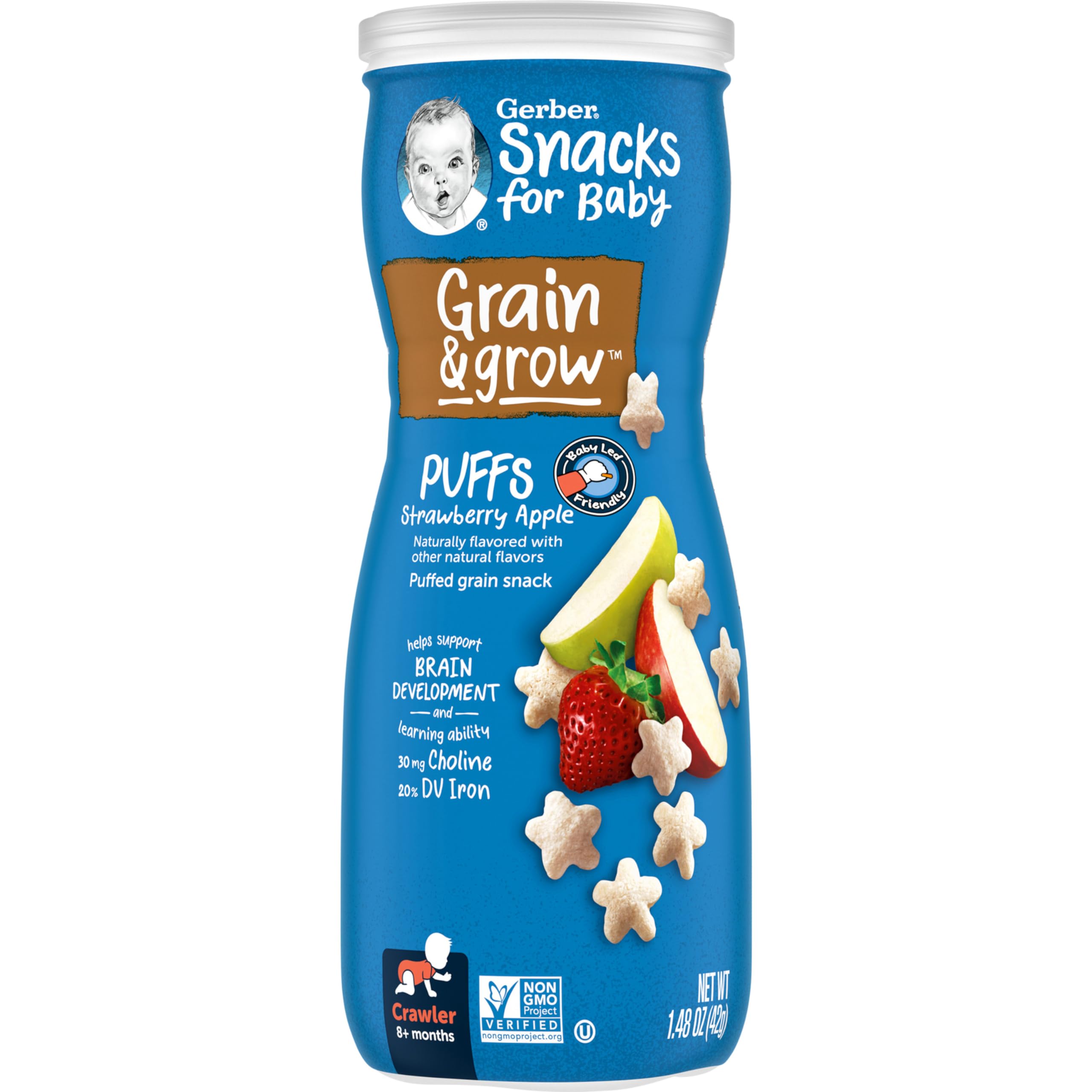 Gerber Stage 3 Baby Snacks, Strawberry Apple Puffs, Puffed Grain Snack, Baby Led Feeding, Iron & Choline, Strawberry Apple Puffs Snacks, 6-Pack