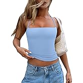 REORIA Womens Square Neck Halter Tank Tops Backless Crop Tops Sleeveless Double Lined Tops Y2K Going Out Outfits