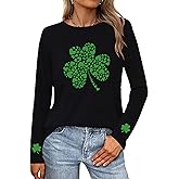 St. Patrick's Day Shirts Long Sleeve Cute Hearts Shamrock Clover Print Casual Lucky Irish Lightweight Crewneck Tee Tops