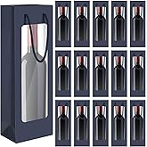 Geelin 50 Pcs Wine Gift Bag with Window 4.9" x 3.6" x 14.2" Kraft Paper Wine Bags with Windows Kraft Paper Flower Wrapping Bag Transparent Window Bags for Valentine Birthday Wedding Gifts(Navy Blue)