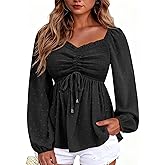 Flamingals Women's Long Sleeve Babydoll Tops Peplum Smocked Blouse Sweetheart Neck Empire Waist Shirts Pink 2XL