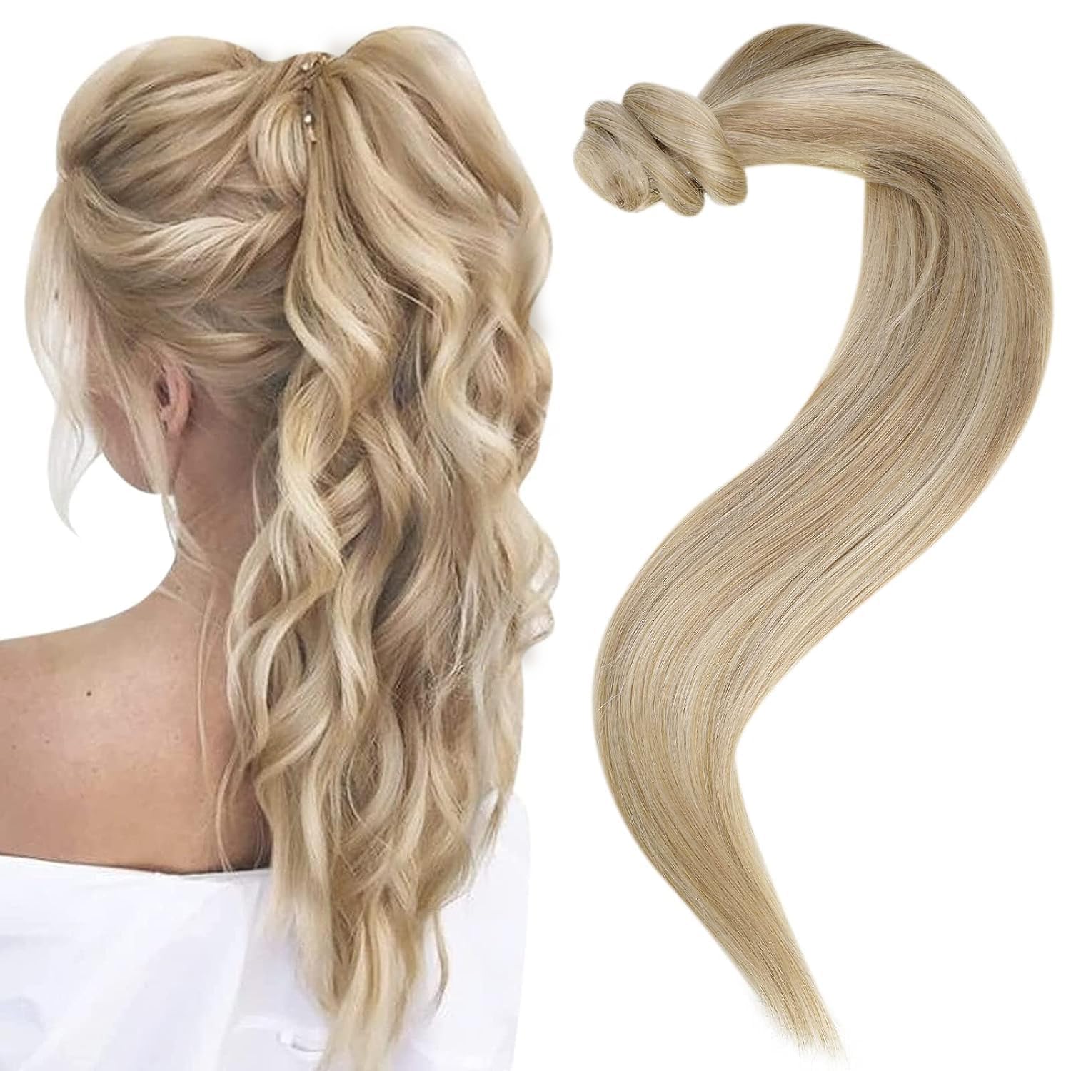 Easyouth Blonde Ponytail Extension Human Hair Highlight Real Hair Ponytail Extension Highlight Blonde Wrap Around Ponytail Hair Extensions Real Human Hair 12 Inch 70g — image 1