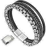 murtoo Mens Bracelet leather and Steel, Stainless Steel Chain and Leather Bracelets for Men