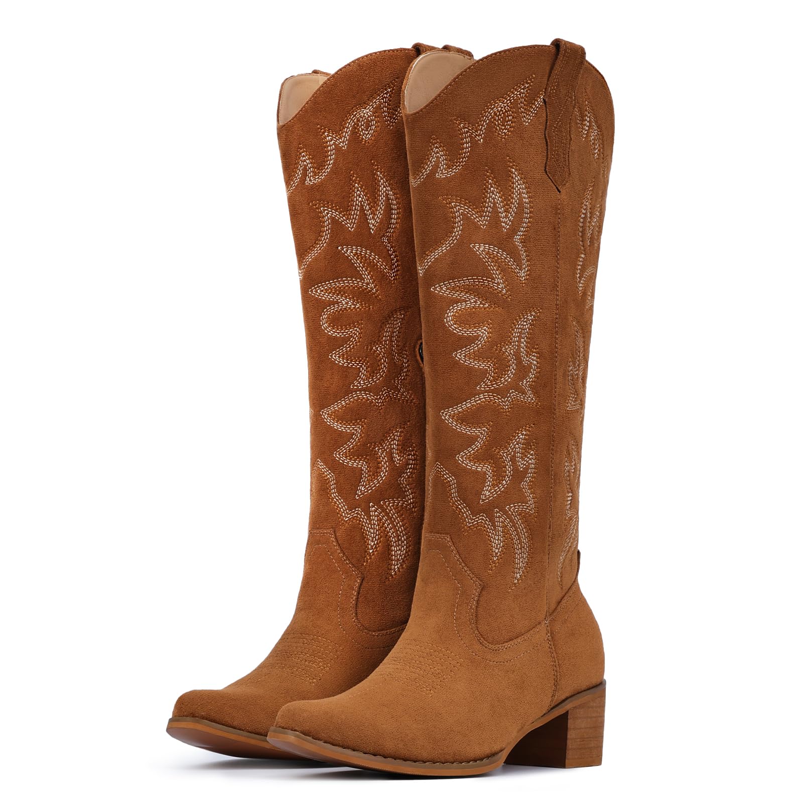 IUV Cowboy Boots For Women Wide Width Knee High Western Cowgirl Boots Snip Toe Side Zipper Chunky Heel Image