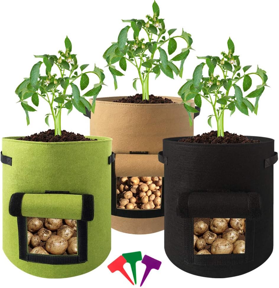 NELOVE 3 Packs 7 Gallon Potato Grow Bags, Heavy Duty Non-Woven Aeration Fabric Pots with Flap and Handles w/ 3 Plant Labels