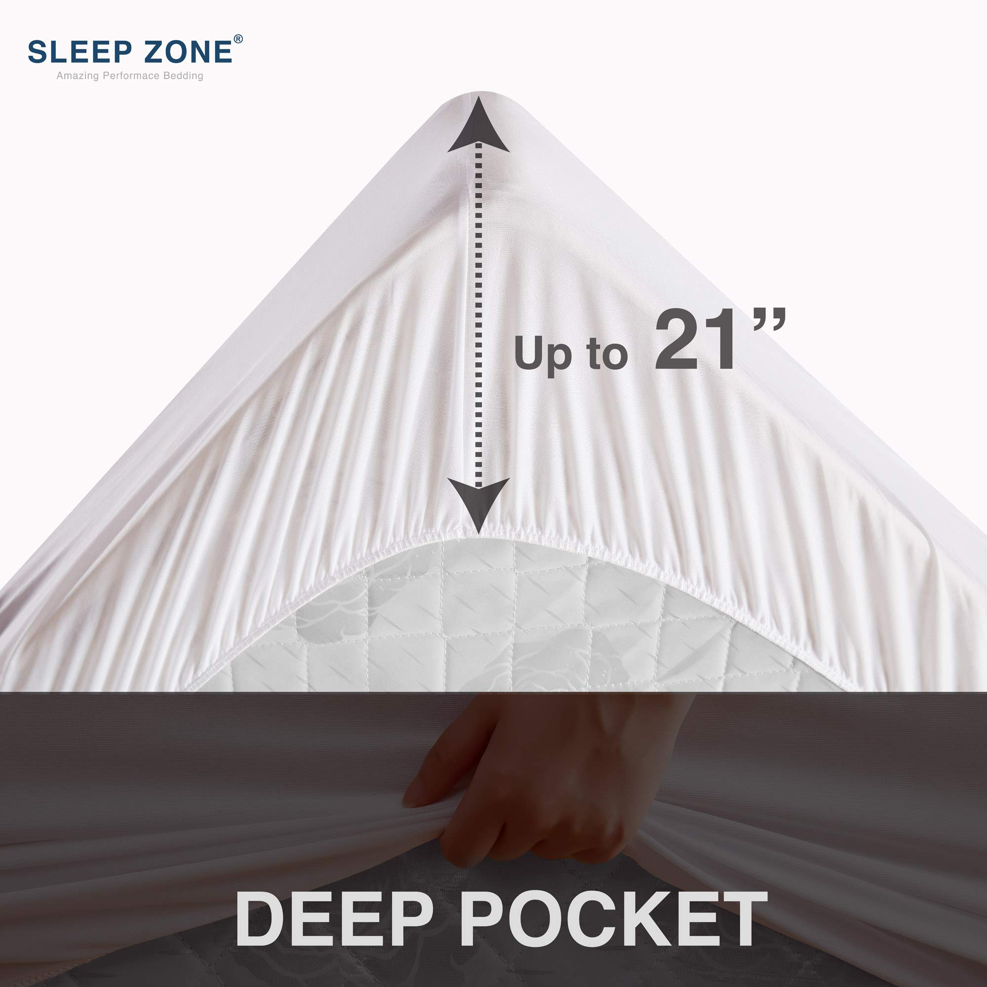 Sleep Zone Quilted Mattress Pad Cover Queen Cooling Fluffy Topper Upto 21 inch Pocket,White,Queen