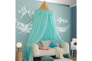 THREENTDAY Bed Canopy for Girls, Bedroom Decor Canopy Lotus Leaf Edge Dome Bed Curtain Color Block Castle Canopy (Khaki Blue)