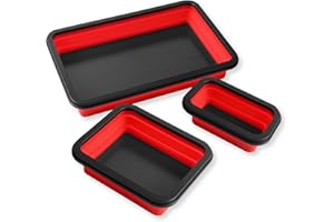 ALOANES Magnetic Parts Tray Set-Collapsible Magnetic Tool Tray Small Parts Organiser with Double Magnet, Magnetic Bowl for Fixing Nuts and Bolts 3 PCS (Red)