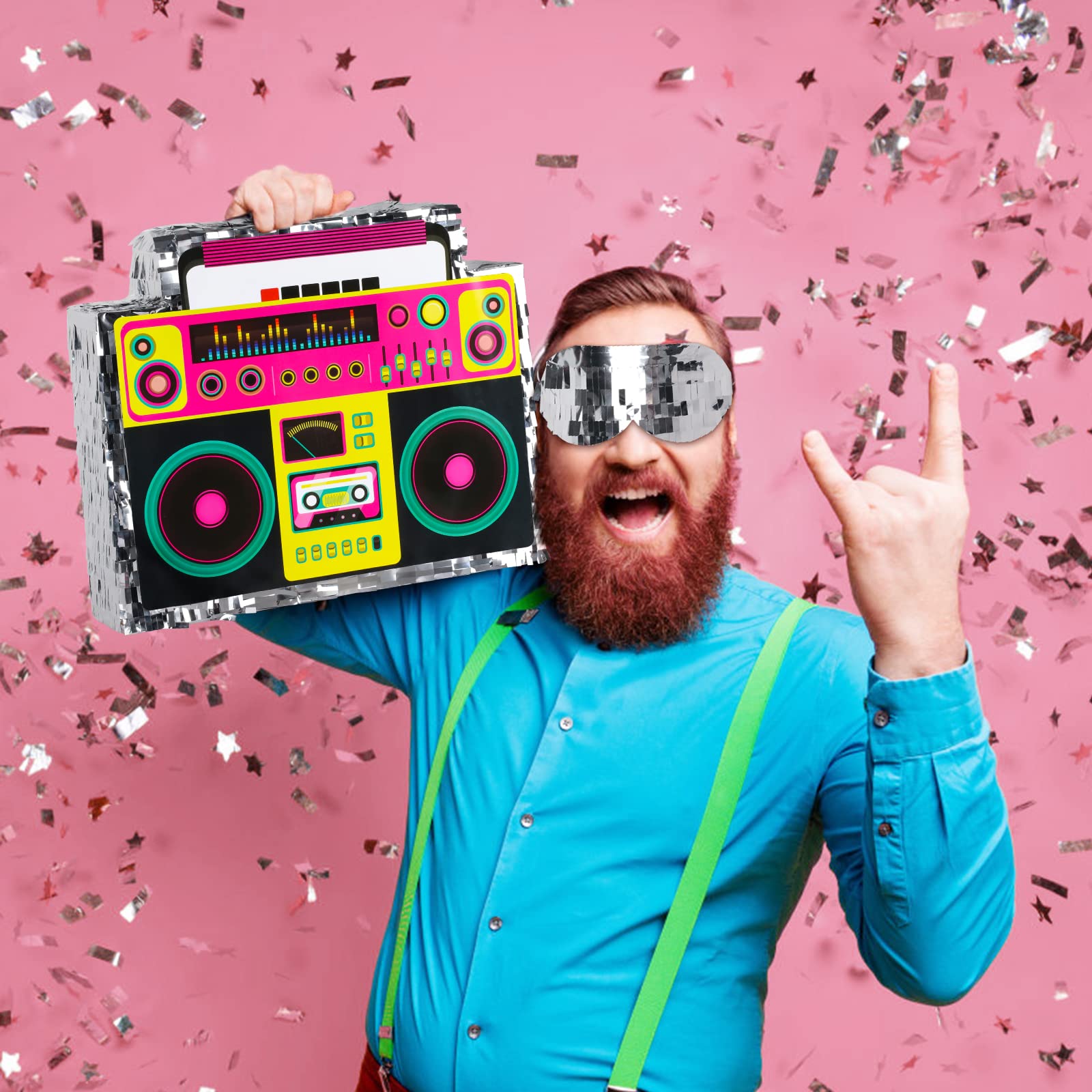 Boombox Pinata with Stick & Hanging Loop Retro 90s Hip Hop Mexican Pinata Game for Back to the 80s Party Nostalgia Large Radio Gifts 70' Theme Birthday Party Decorations Supplies