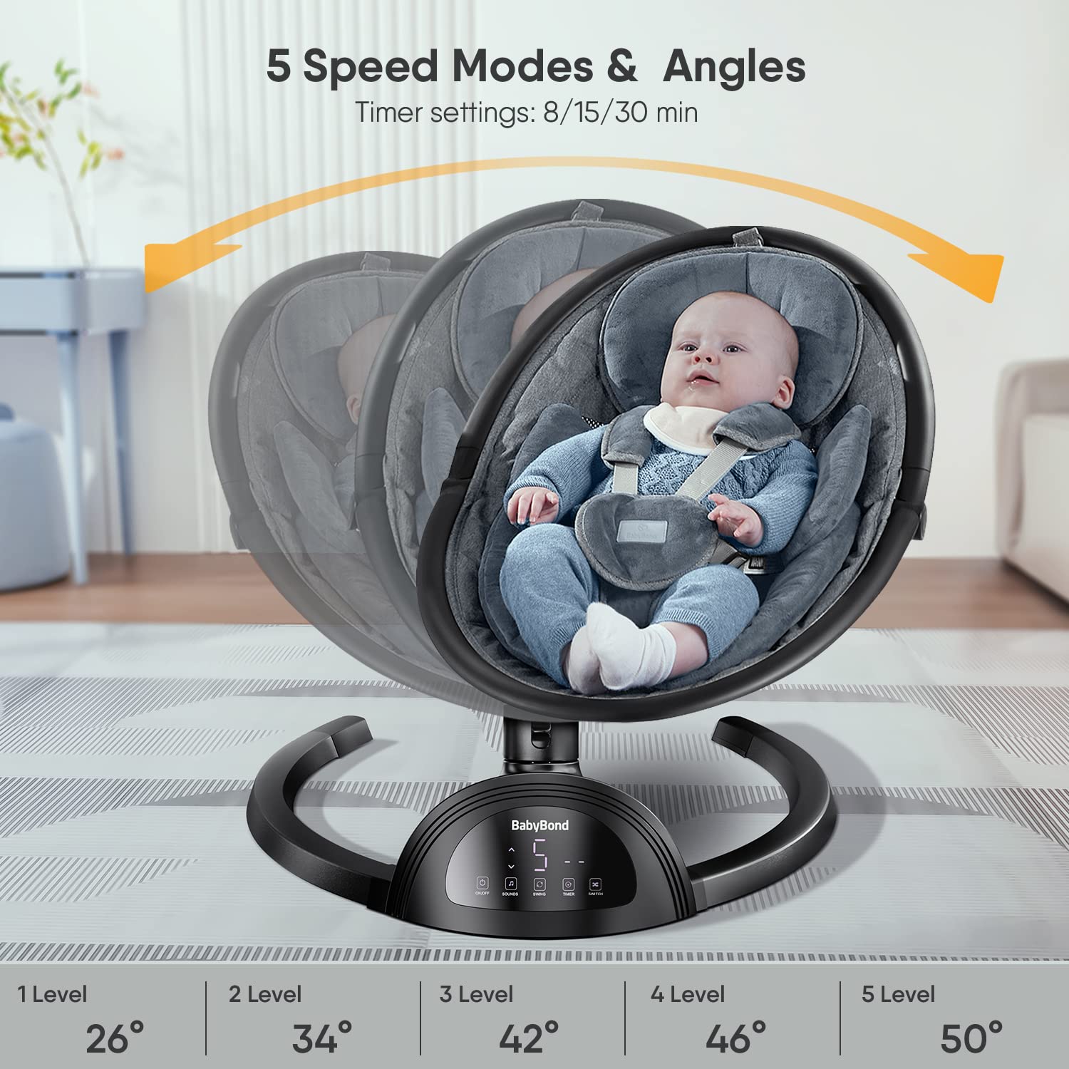 BabyBond Baby Swings for Infants, Bluetooth Infant Swing with Music Speaker, 3 Seat Positions, 5 Point Harness Belt, 5 Speeds and Remote Control - Portable Baby Swing for Indoor and Outdoor (Black)