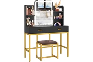 armocity Vanity Desk with LED Lighted Mirror, Makeup Vanity with Cushioned Stool, Vanity Table Set with 3 Color Lighting Options, Modern Dressing Table with 2 Storage Drawers for Bedroom, Black