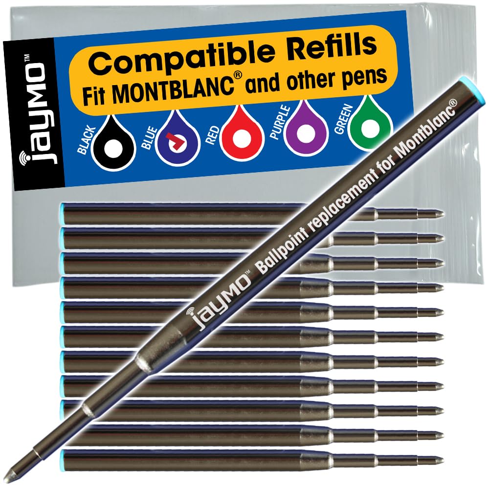 Jaymo Replacement for Montblanc 128214 - Measures 3.875 in / 98 mm Long - Ballpoint Pen Refill - 12 Blue