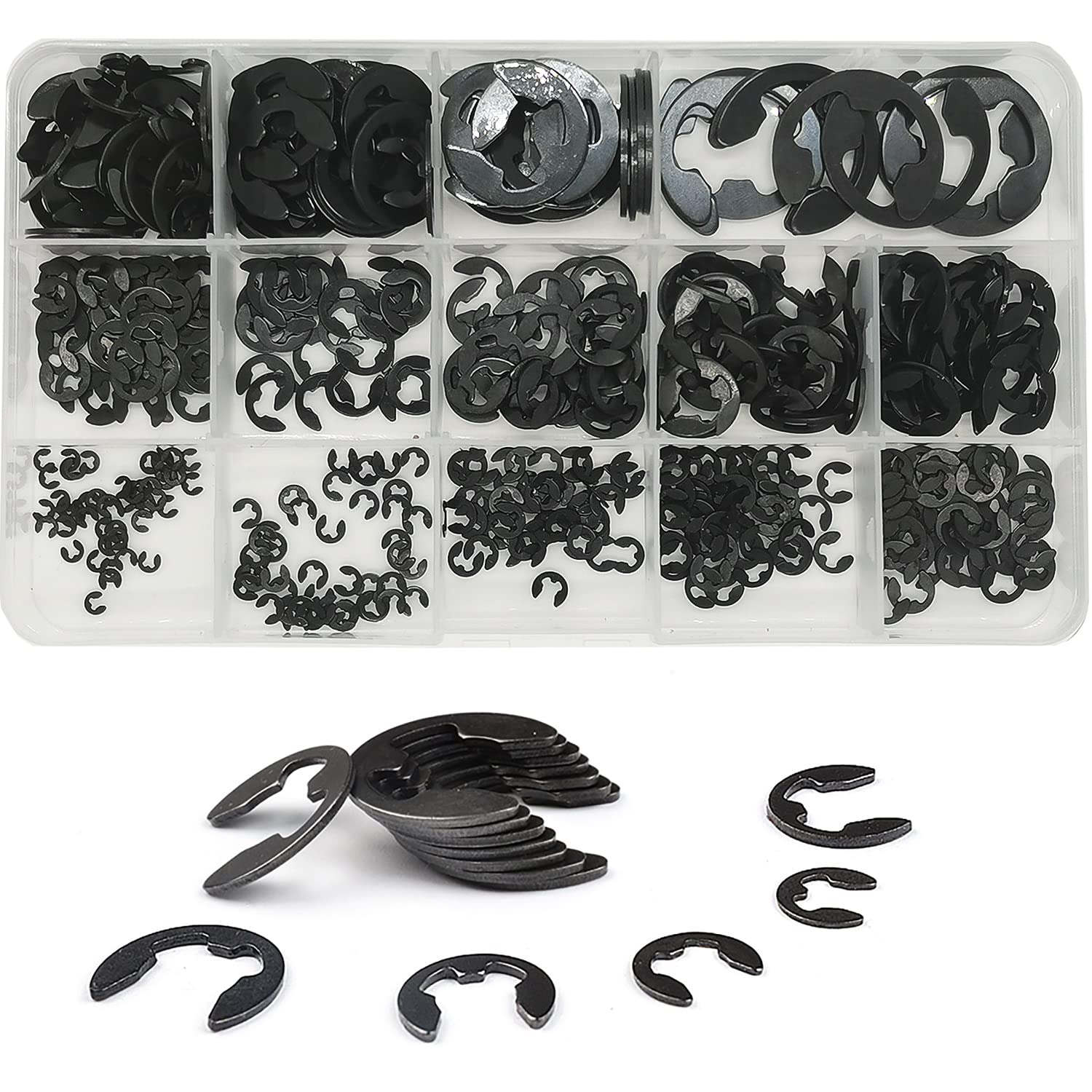 WeqeYent 500 pcs M1.5-M15 Black Alloy Steel E-Clips External Retaining Clamps Ring Washer Circlips Snap Retainer Rings Assortment Kit (14 Sizes) — image 1