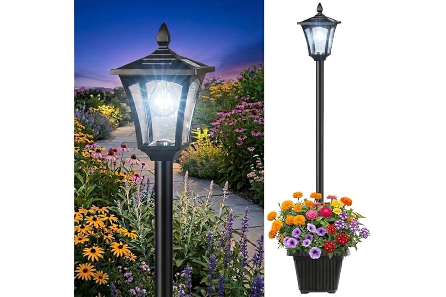 Benany 76" Solar Lamp Post Lights with Planter, Glass & Metal Street Light Outdoor Waterproof, 60 Lumens Dusk to Dawn Solar Pole Light for Garden, Yard, Driveway, Porch, Patio, Cool White