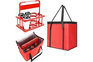 LEIFEOSH Reusable 6 Cup Drink Carrier with Handle and Insulated Bag for Hot and Cold Drink/Food, Foldable Plastic Cup Holder and Large Capacity Insulated Food Bag for Travel and Delivery