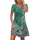 HOTOUCH Women's Casual A-Line Dress with Pockets Summer Beach Floral Tshirt Dress Short Sleeve Mini Dress Flowy Sundresses