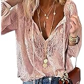 Pinclodly Lace Tops for Women Long Sleeve Tie Front Tops V Neck Floral Lace Crochet Blouse Shirts Hollow Out Western Shirts
