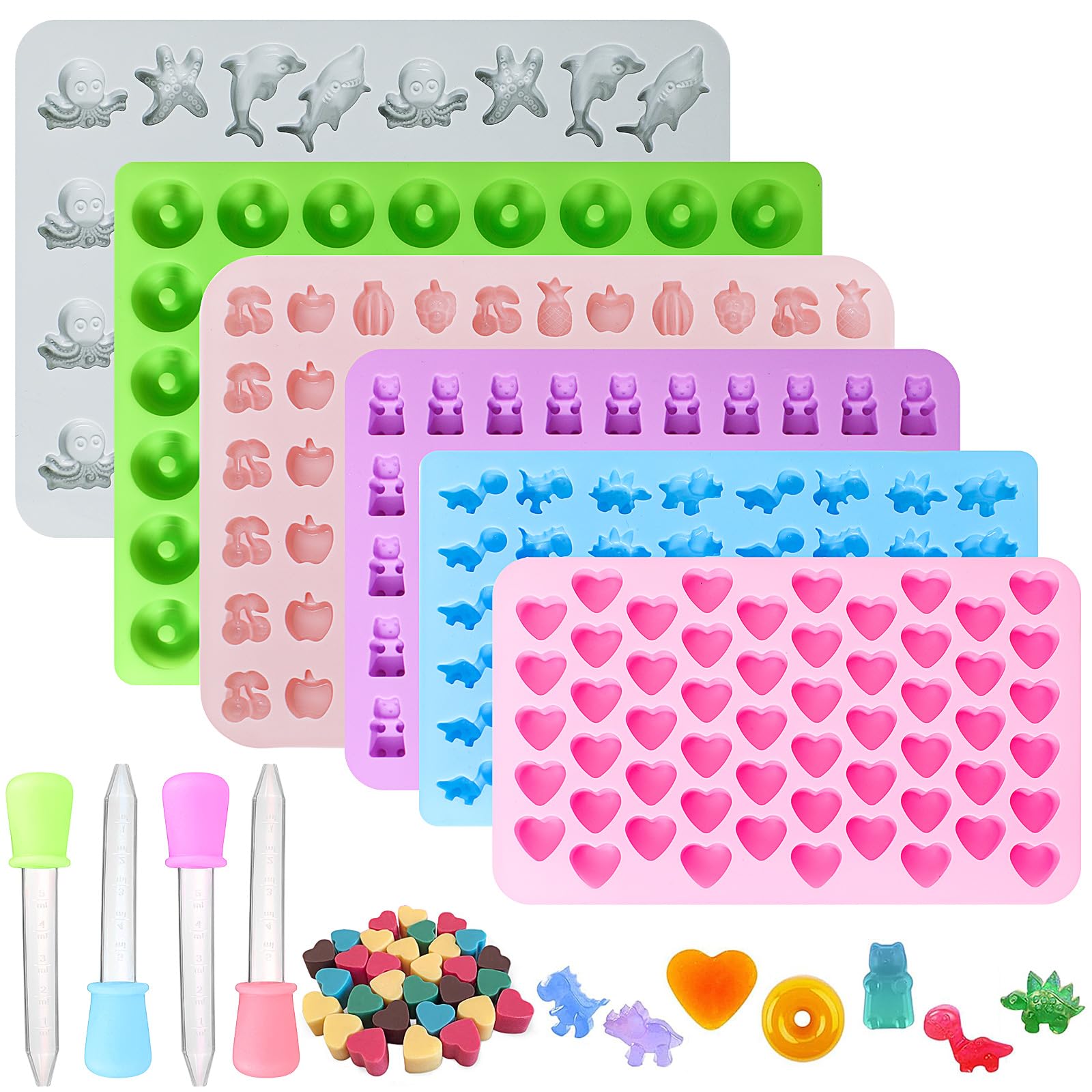 TAIXING 6Pcs Gummy Bear Mould, Candy Silicone Moulds Mini Chocolate Moulds Silicone Jelly Moulds with 4 Droppers, Nonstick Gummy Moulds for DIY Candy Gummy Chocolate Wax Melt