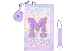 SiorVeol Girls Wallet for Kids Initial Glitter Wallets Trifold with Zipper and Card Slots Including Neck Lanyard and Hanging Strap, Pink Purple, M