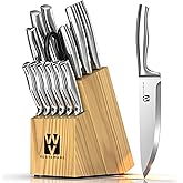 14-Piece Knife Set with Natural Wood Block, Stainless Steel Kitchen Knife Block Set with Ergonomic Handles, Includes Steak Knives, Dishwasher Safe