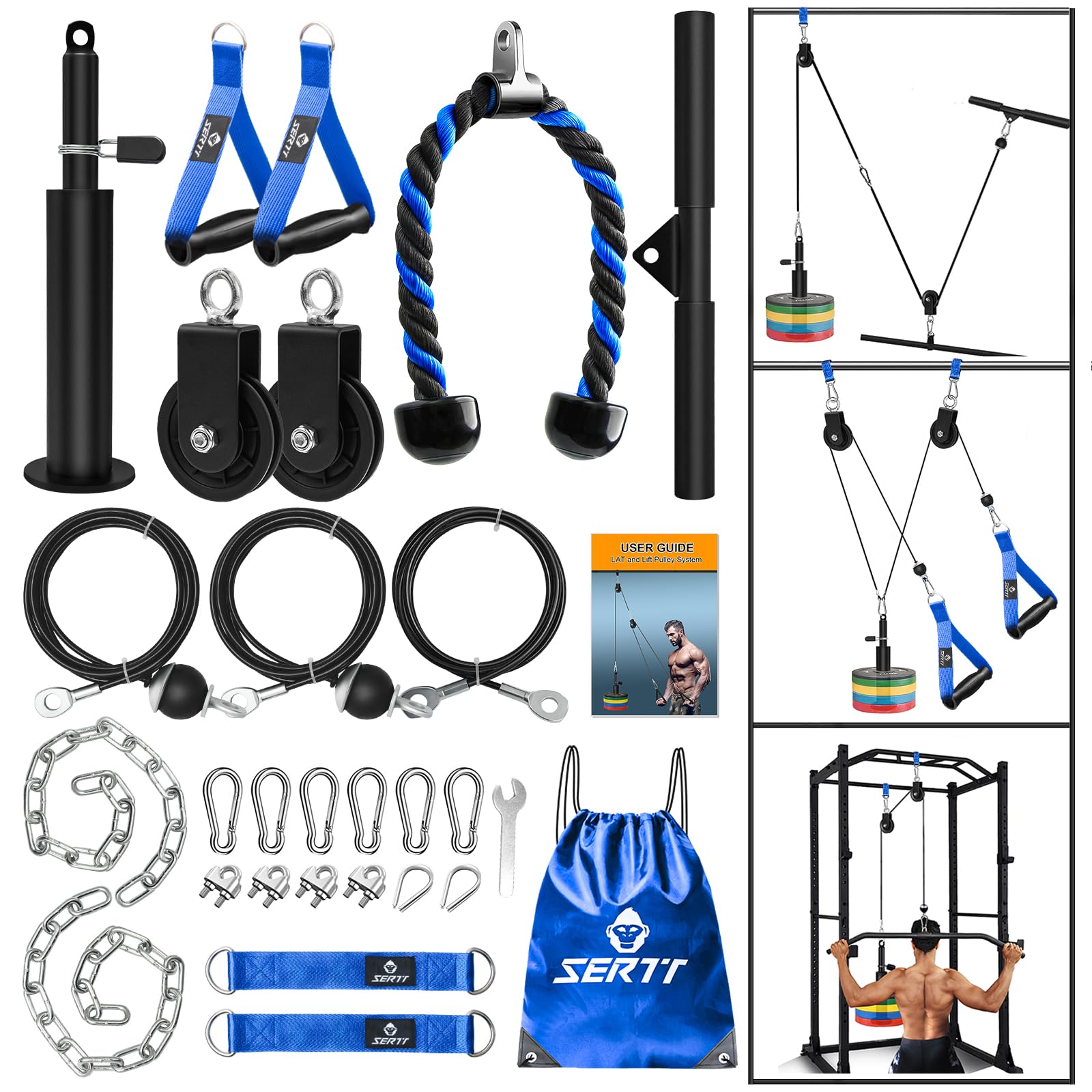 SERTT Weight Cable Pulley System Gym, Upgraded Cable Pulley Attachments for Gym LAT Pull Down, Biceps Curl, Tricep, Arm Workouts - Weight Pulley System Home Gym Add On Equipment (Blue)