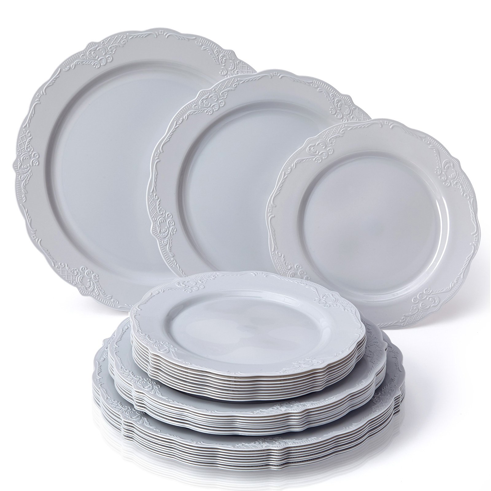 Heavy Duty Plastic Dinnerware Set | 10 Dinner, 10 Salad, 10 Dessert Plates | Elegant Fine China Look | Upscale Wedding Dining | Vintage Collection, Grey