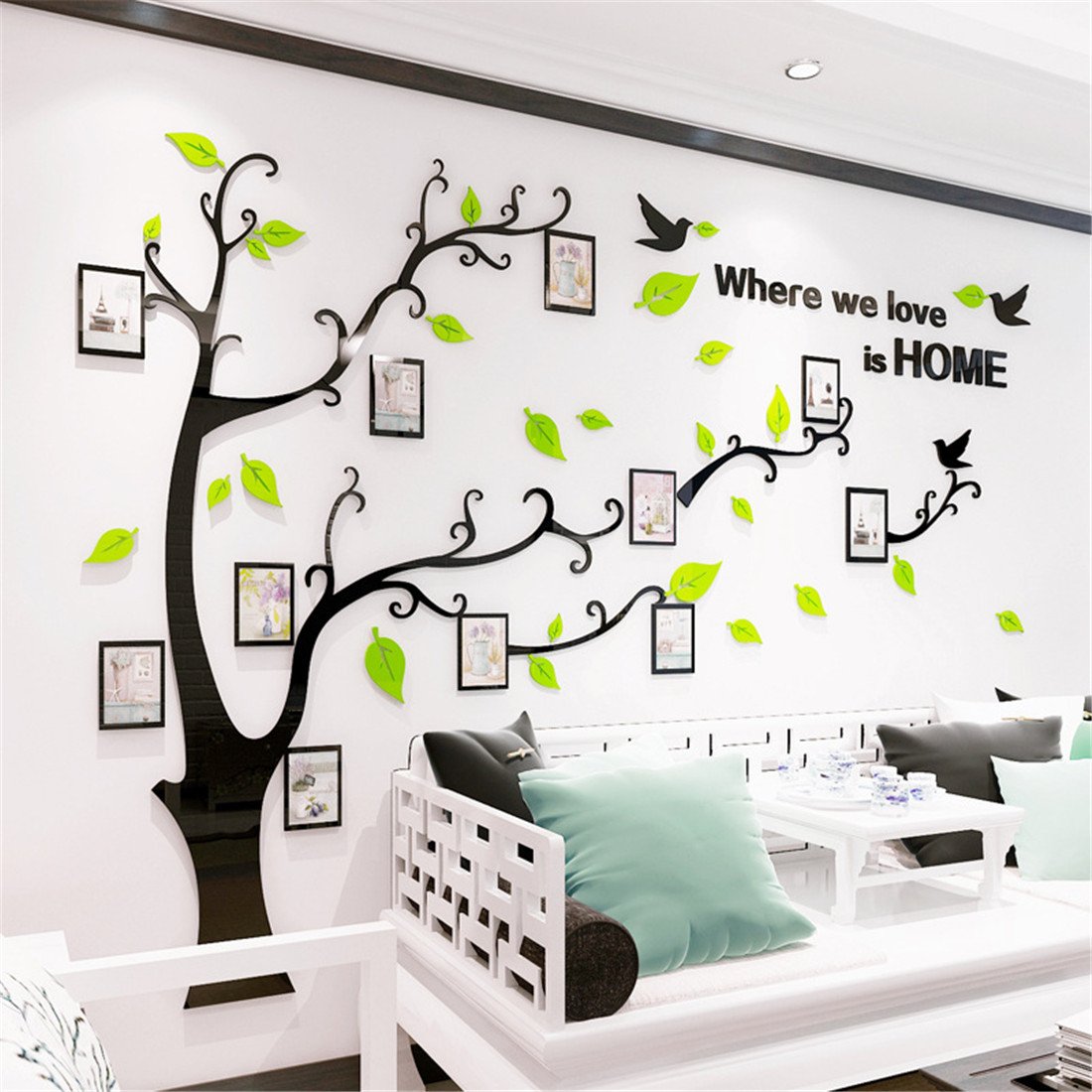 3D Wall Stickers Plastic Tree Wall Decal Home Decorations with Family Photo Frames for Children's Room, Kindergarten, Baby Room, Restaurant, Family (XL: 200 * 276CM, Light Green Right)