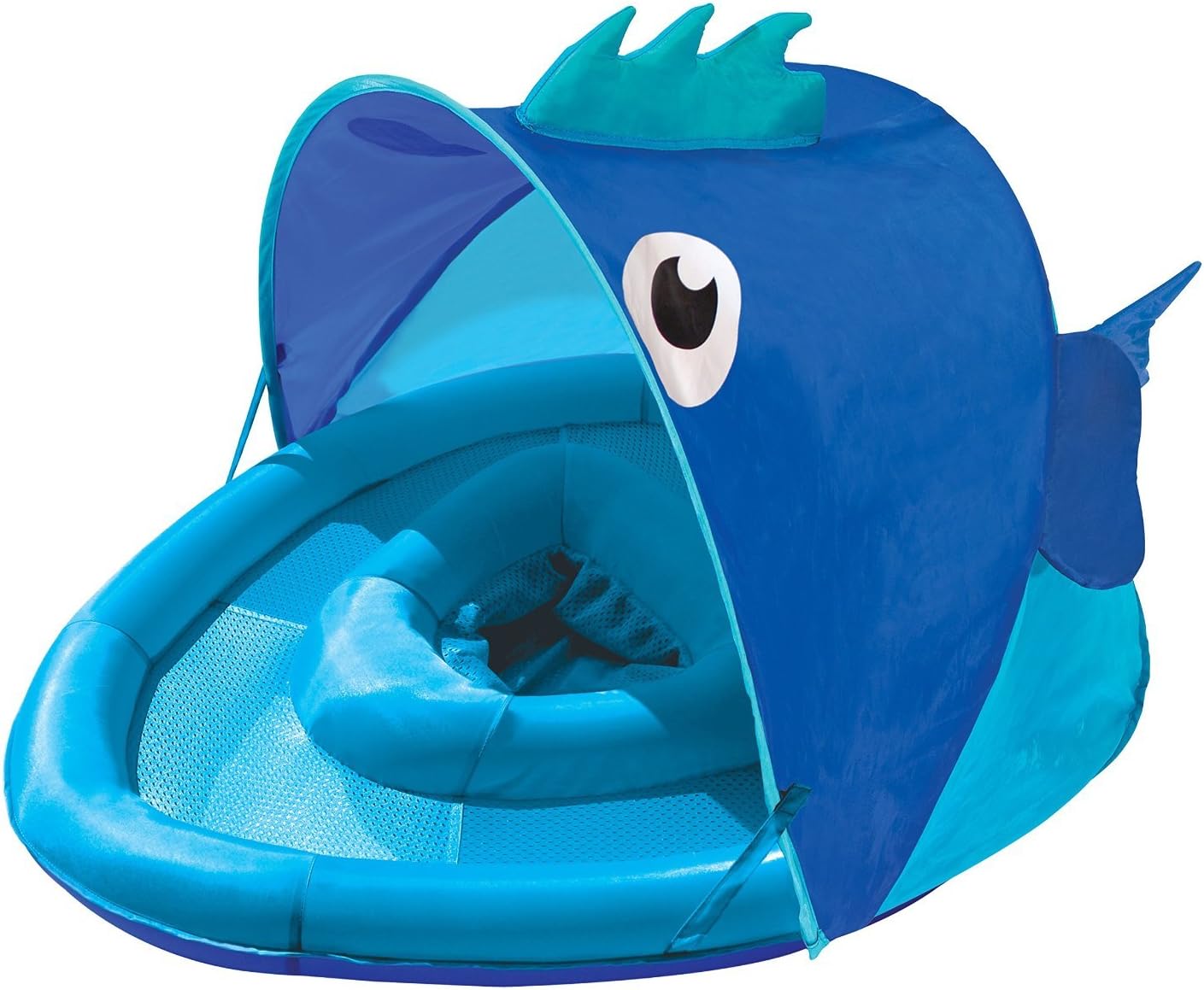 SwimSchool Blue Fun Fish Fabric Baby Pool Float, Splash & Play Activity Center, Dual Air Pillow Chambers with Retractable Canopy and Safety Seat, Baby Float, UPF 50, 6 To 24 Months, Blue