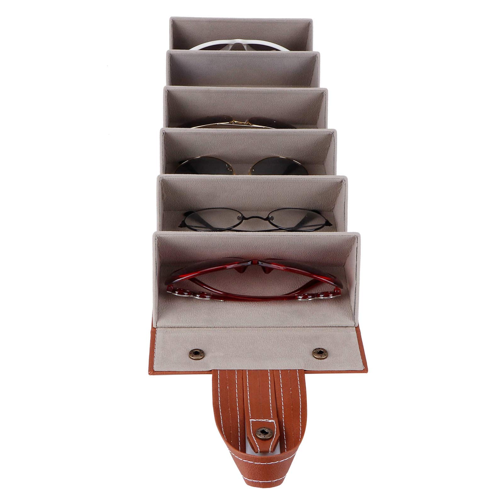 Mumusuki Sunglass Display Case, 6 Slots Foldable Sunglasses Eyeglasses Travel Organizer Case Container Hanging Holder Eyeglasses Storage(18 * 17 * 16cm-brown)