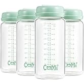 COMI Wide Neck Glass Breastmilk Collection n Storage Bottle, 4 Packs,10oz with Screw Ring Sealing Disk,Re-markable Sealing Disc,BPA Free,Fits Breast Pumps&amp;Nipples(4 Green Lids)