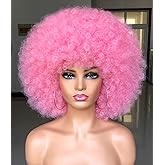 HIHOO Short Afro Wig with Bangs for Black Women Afro Kinky Curly Wig 70s Premium Synthetic Big Afro Wigs(Pink)
