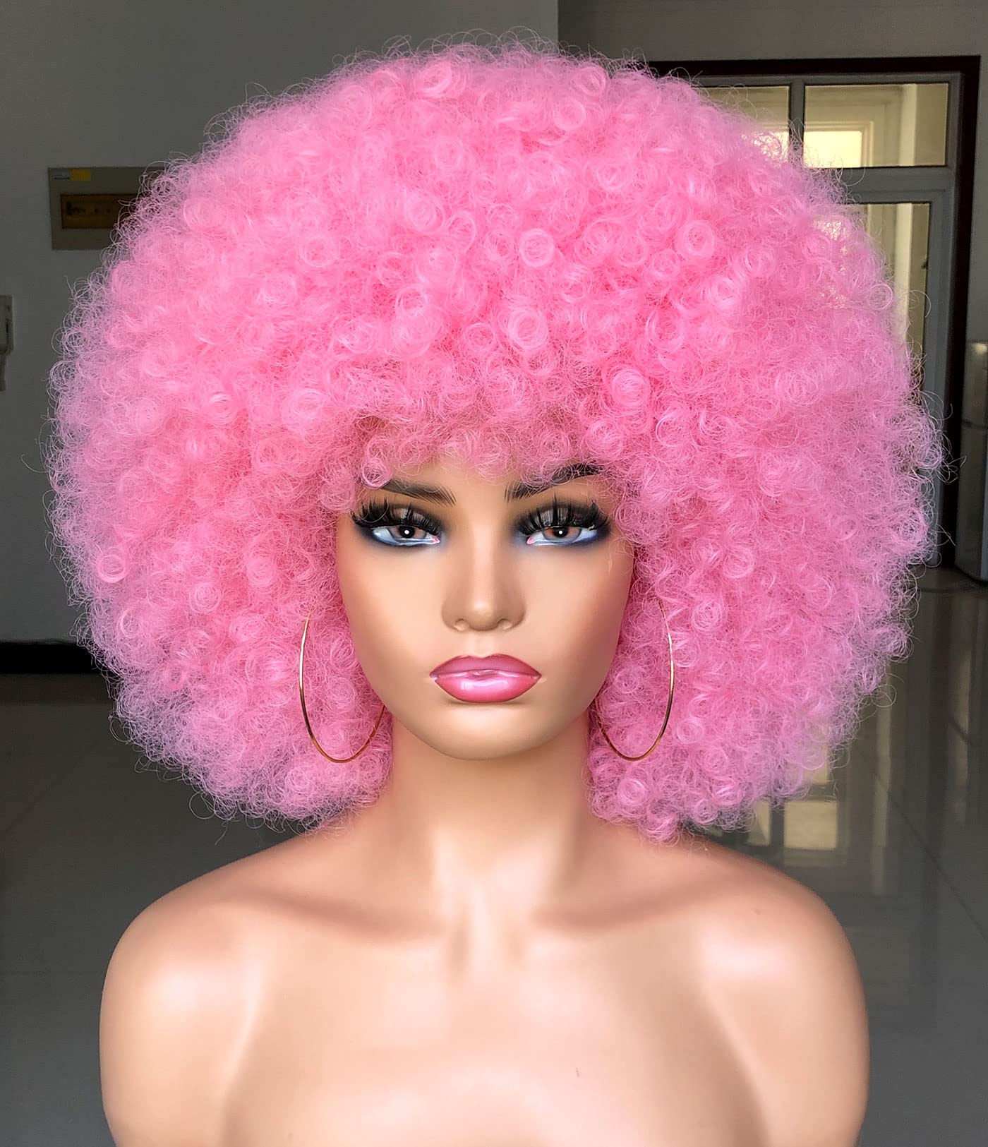 ISAMY 70's Afro Wigs for Black Women Short Curly Afro Kinky Wig Bouncy Huge Fluffy Puff Wigs Premium Synthetic for Cosplay and Daily (Pink)