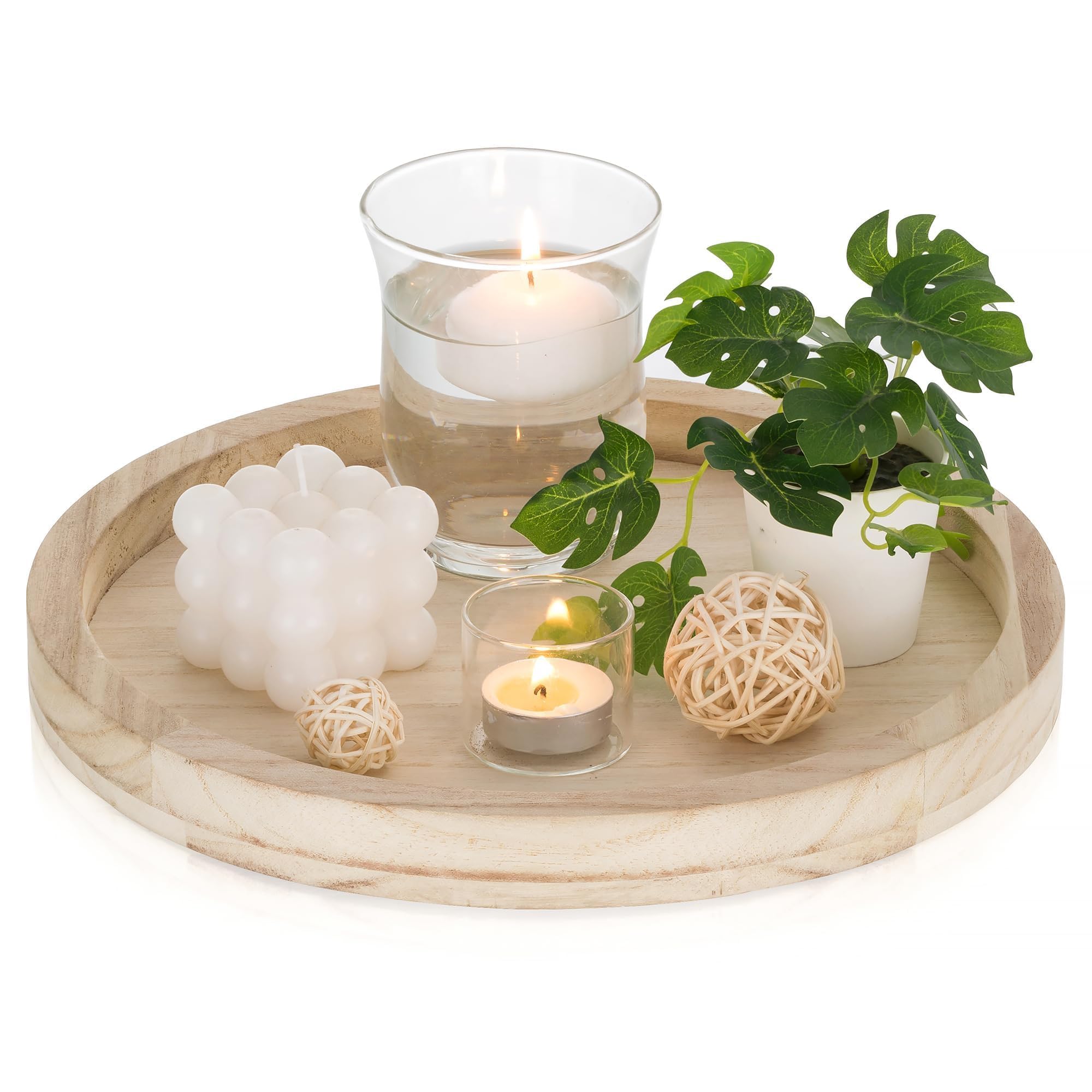 Romadedi Round Wooden Decorative Tray：Rustic Candle Tray for Pillar Candles Farmhouse Wood Serving Tray for Table Centrepiece Kitchen Countertop Home Decor，28.5cm