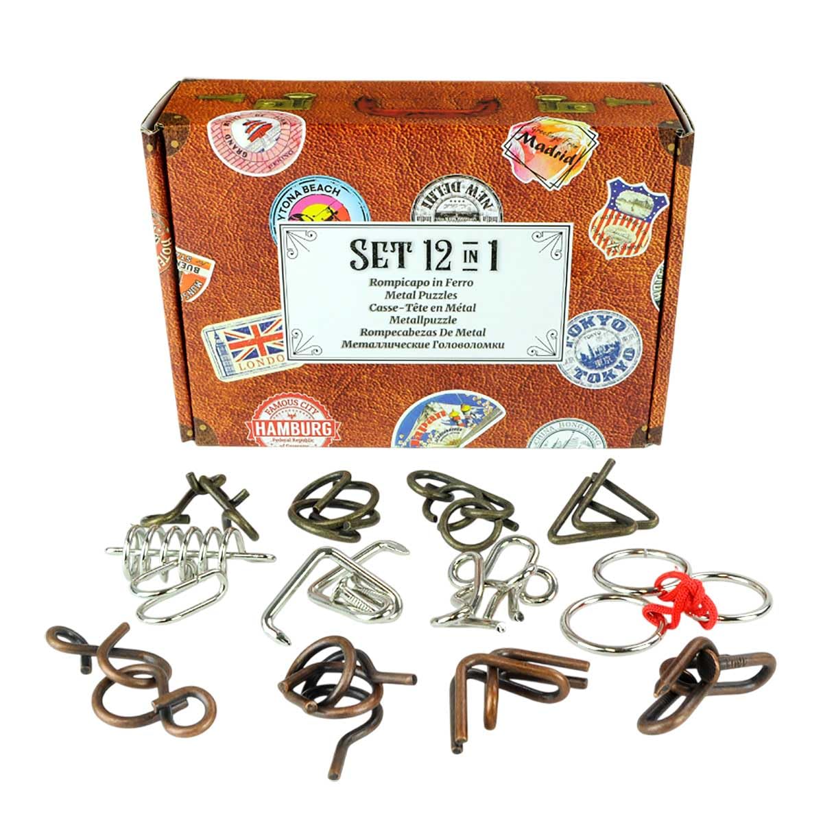 Logica Puzzles - Set 12 Metal Puzzles in 1 Vintage Suitcase - Mixed Difficulties - Gift Set for beginners and not beginners