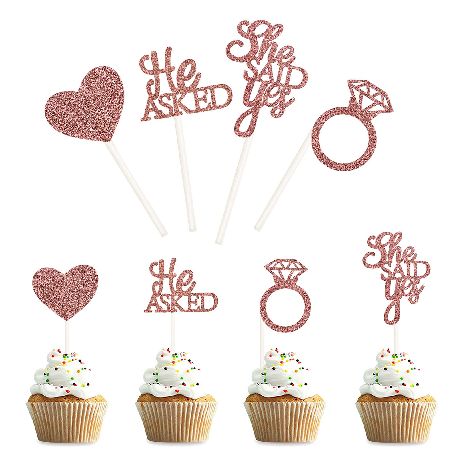 Bymivofun He Asked She Said Yes Cupcake Toppers, Diamond Ring Heart Cupcake Topper, for Wedding, Engagement, Bridal Shower, Stag Party Decoration, Pack of 36