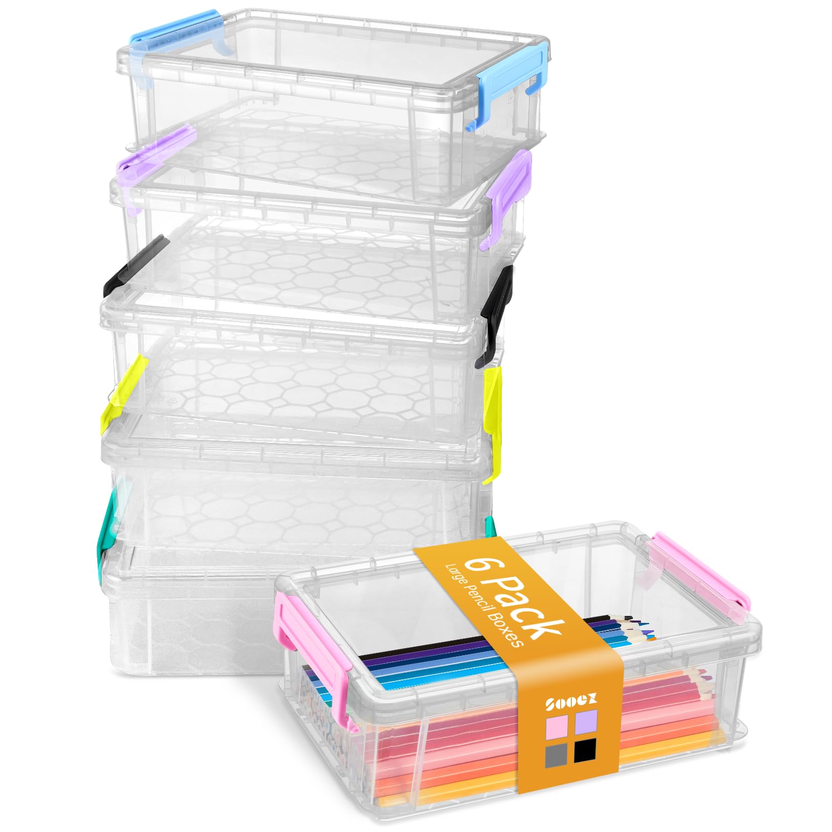 Sooez 6 Pack Extra Large Pencil Box, Plastic Hard