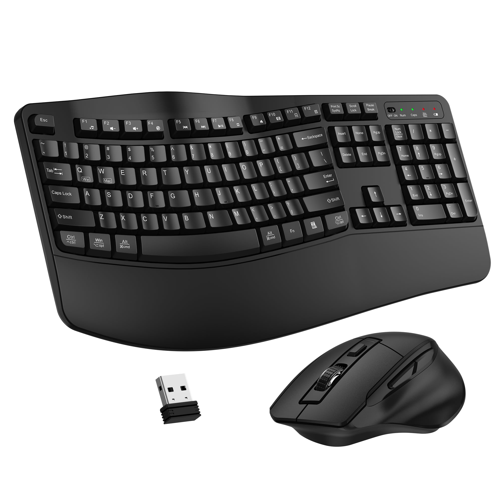 Photo 1 of Wireless Keyboard and Mouse Combo, 2.4G Full Size Wave Keys Ergonomic Keyboard with Wrist Rest and 3-Level DPI Adjustable Wireless Ergonomic Mouse for Windows, Mac OS Desktop/Laptop/PC(Black)