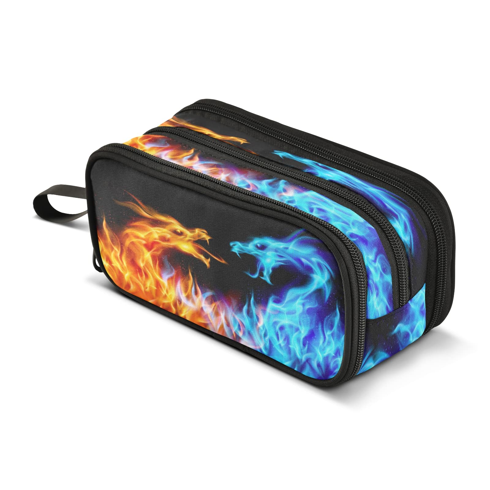 Big Capacity Pencil Case Abstract Cool Dragon Fire 3 Compartment Pen Bag Pouch Holder Box for Office College School Portable Storage Bag for Kids